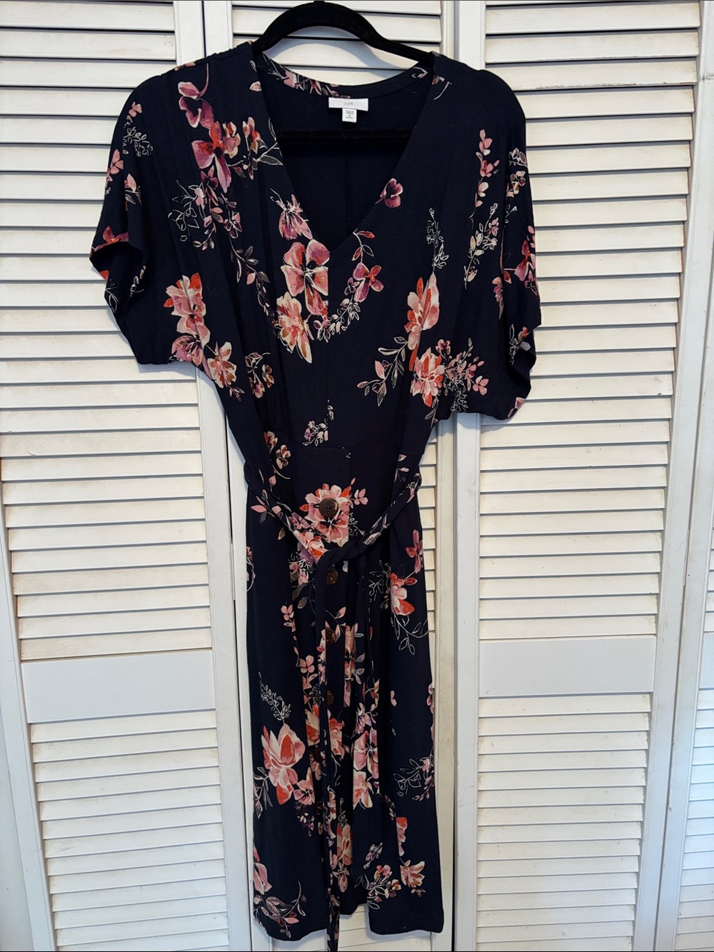 JJill medium petite navy and pink floral belted dress